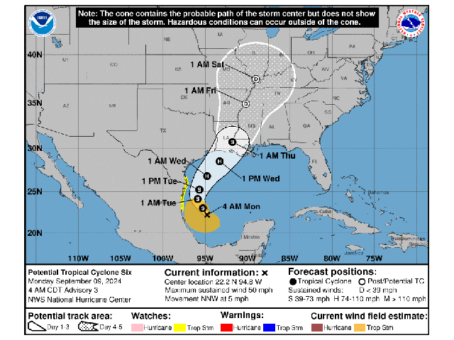 The National Hurricane Center is expecting a tropical storm to develop in the Gulf of Mexico on Monday, which may become a hurricane before landfall, most likely to occur in Louisiana on Wednesday. (National Hurricane Center graphic)