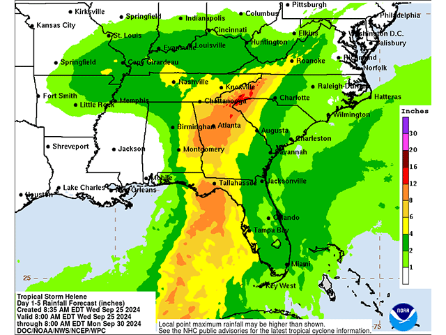 With Helene set to make landfall in the Big Bend area of Florida Thursday evening, heavy rain will spread northward with the diminishing system and also westward through the Ohio and Tennessee valleys. (NHC graphic)