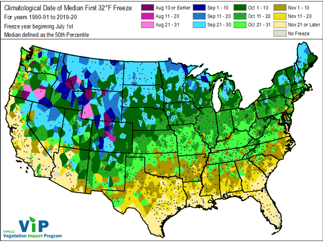 The median date of the first 32-degree Fahrenheit temperature in the U.S. ranges from late September in the north, to late November or later near the Gulf of Mexico. (Midwest Regional Climate Center graphic)