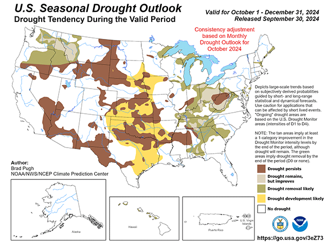 Drought is expected to increase in areas across the Southern Plains and Western Midwest during the last quarter of 2024. (NOAA/CPC graphic)