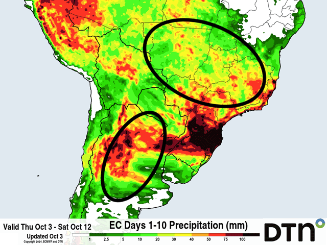 Dry areas in western Argentina and central Brazil, circled, are forecast to see some significant rainfall next week. (DTN graphic)