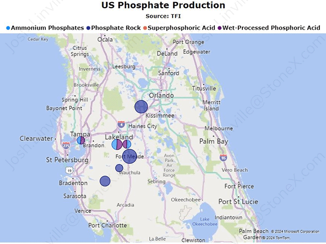 Much of Florida's phosphorus production facilities are located just east of Tampa and in the potential path of Hurricane Milton. (Graphic courtesy of Josh Linville/Stone X)