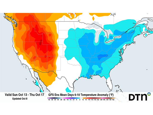 Temperatures behind a cold front that moves through Sunday and Monday will be a significant drop from this week and be below average for this time of year. (DTN graphic)