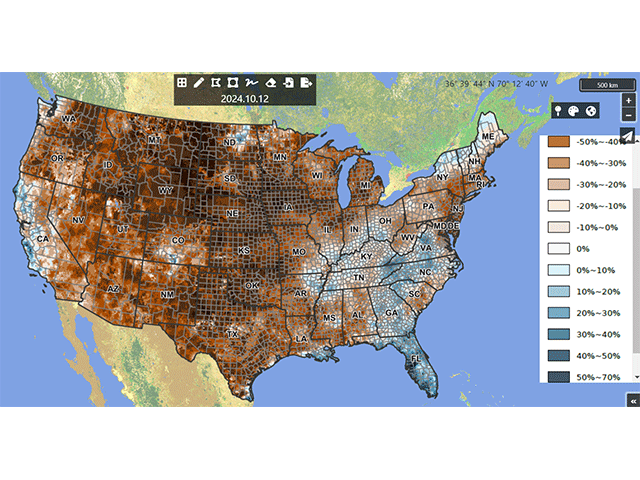 The soil moisture anomaly map, valid as of Oct. 12, points to below-normal soil moisture for most of the country. (USDA NASS graphic)