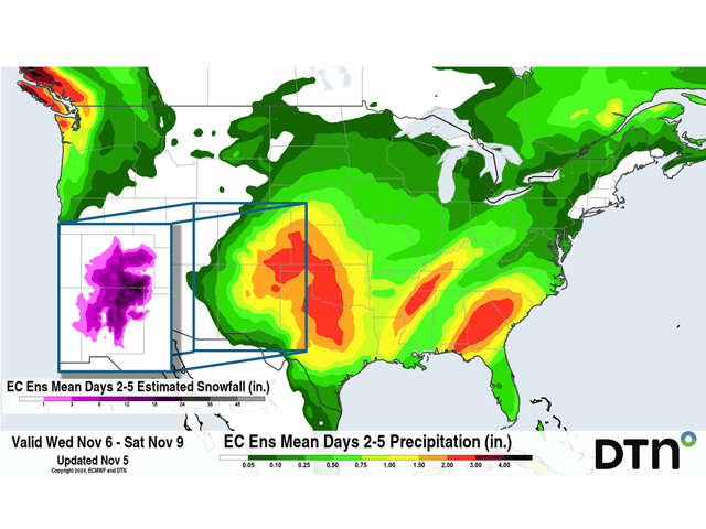 Heavy rain and snow are forecast for the Central and Southern Plains Wednesday through Friday, though amounts differ greatly between models. The European EPS ensemble model shown here is more extreme than the American GEFS. (DTN graphic)