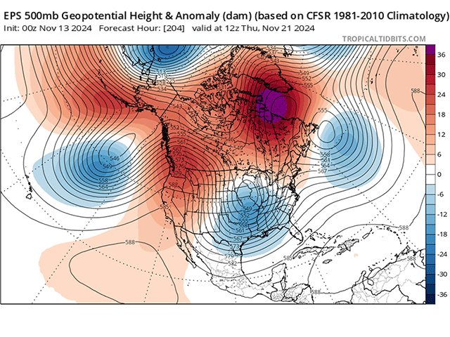 An upper-level low-pressure system will get trapped in the U.S. next week. But its effect on the weather is still undetermined. (tropicaltidbits.com graphic)