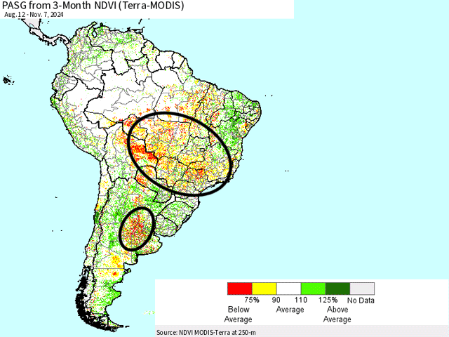 The Normalized Difference Vegetation Index (NDVI), an approximation of crop health, shows areas in Brazil and Argentina are still lagging where they should be. (USDA graphic)