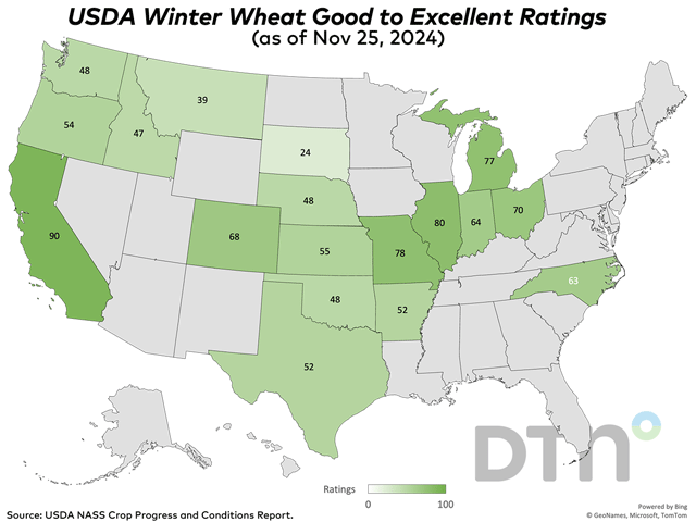 An estimated 55% of winter wheat that had emerged was in good-to-excellent condition nationwide, up 6 points from 49% the previous week, USDA NASS reported on Monday. (DTN graphic)
