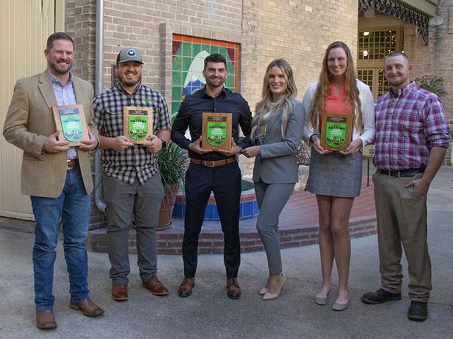 The 15th class of America's Best Young Farmers and Ranchers gathered in San Antonio, Texas, on Nov. 14 to attend workshops and sessions and receive awards. Pictured are (left to right): Ben Neale of Columbia, Tennessee; Andrew Eddie of Moses Lake, Washington; Tanner Hento and Kristin Vanwyngaarden of Avon, South Dakota; and Emily Mullen-Niccum and Tony Niccum of Okeana, Ohio. (DTN/Progressive Farmer photo by Susan Payne)
