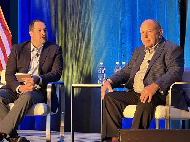 Ed Elfmann (left), senior vice president for Agricultural and Rural Banking with the American Bankers Association, talks to Zippy Duvall, president of the American Farm Bureau Federation, at the Ag Bankers Conference in Milwaukee. (DTN photo by Chris Clayton)