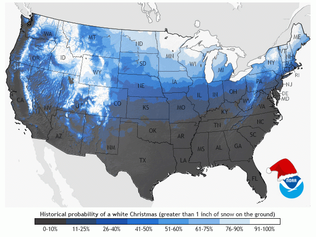 Data from the National Weather Service suggests that the likelihood of having a white Christmas is rather low (below 50 percent) for most of the country. Areas in the high elevations in the West and Northeast, as well as the Northwoods of Minnesota, Wisconsin and the Upper Peninsula of Michigan are nearly guaranteed it. (NOAA graphic)