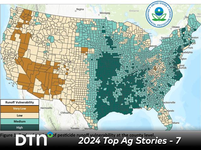 EPA published its final Herbicide Strategy in August 2024, including a map of county-level pesticide runoff vulnerability it intends to use to determine the mitigation burden for herbicide users. (Map courtesy of EPA)