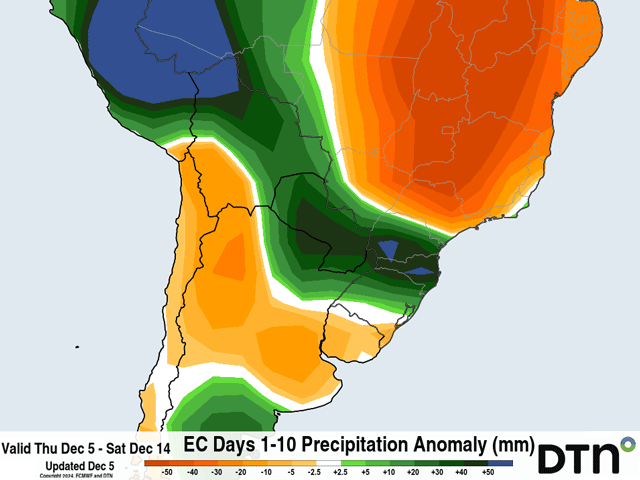 Good weather has been in place over South America the last two weeks, but the forecast ahead could bring some issues for both Argentina and Brazil. (DTN graphic)