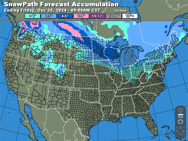 A clipper system will move from the Canadian Prairies through the northern U.S. Wednesday through Friday, Dec. 18-20. A swath of heavy snow is forecast on the northern edge of the storm. (DTN graphic)