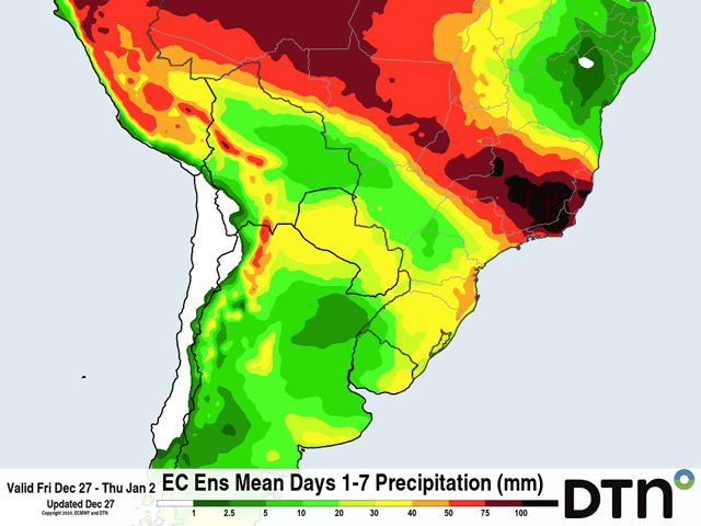 Scattered showers are likely for the main growing areas in Argentina next week after a week of mostly dry conditions. (DTN graphic)