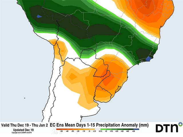 The forecast from the European ECMWF model suggests that much of Argentina and southern Brazil will see below-normal rainfall for the next two weeks. (DTN graphic)