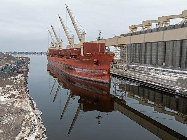 The Marshall Islands-flagged Federal Biscay docked at Duluth's Ceres Riverland Ag terminal late on Dec. 25 to load durum wheat for Algeria. She is the last saltie of the 2024 Duluth-Superior navigation season. (Photo courtesy of Schauer Photo Images)