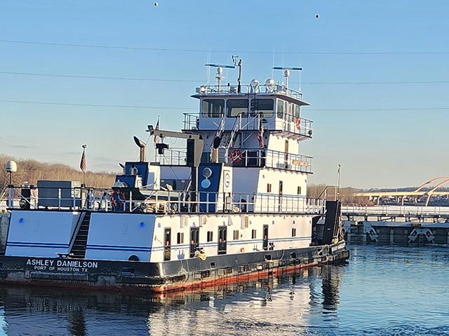 Motor Vessel Ashley Danielson departing Lock and Dam 2 on Dec. 1, officially ending the 2024 navigation season on the far Upper Mississippi River. (Photo courtesy of USACE St. Paul District)