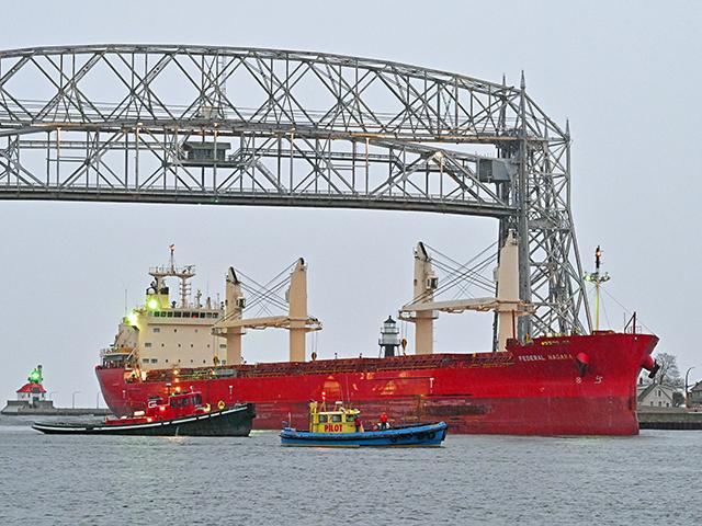 Marshall Islands-flagged Federal Nagara was the first official saltie of the 2025 ocean shipping season to arrive in the Port of Duluth-Superior, entering the Duluth Harbor at approximately 6 a.m. CDT, April 21. (Photo courtesy of Schauer Photo Images)
