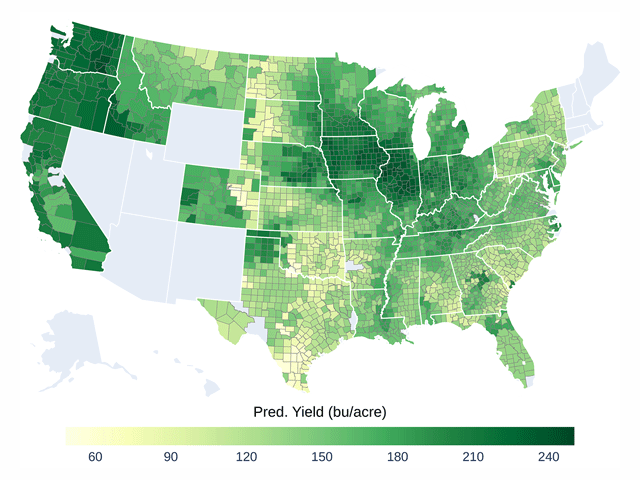 DTN's Digital Yield Tour, conducted in August, highlighted yield potential across 11 major corn and soybean growing states. Darker green shades in the map reflect higher corn yield averages, with lighter colors showing areas with lower yield potential. (DTN map by Scott Williams)
