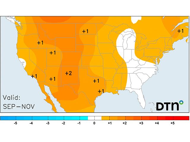 Much of the U.S. is expected to see a slight increase in average temperatures from September through November 2025. (DTN Graphic)