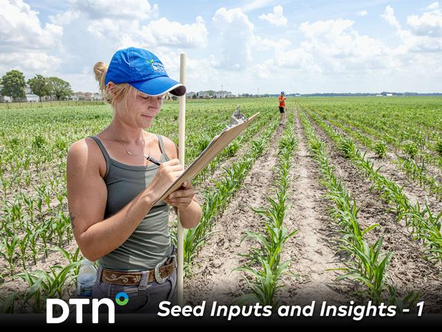 Faith Camfield records stand counts in FIRST corn trial plots in southwest Illinois. (DTN/Progressive Farmer photo by Jason Jenkins)