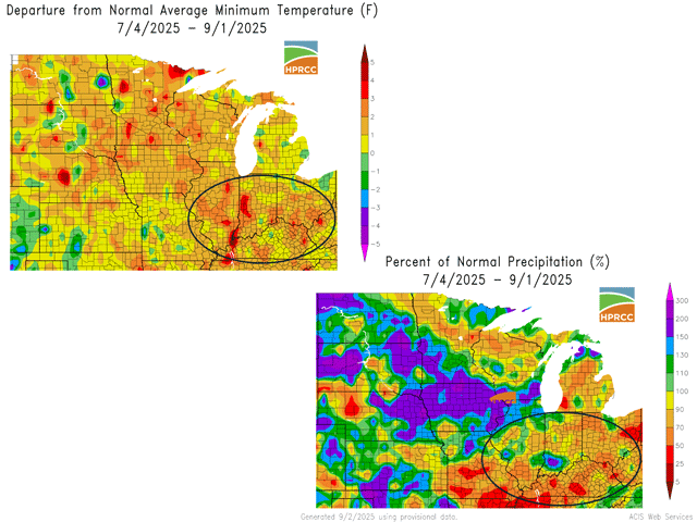 Very warm overnight low temperatures and below-average rainfall in the Eastern Corn Belt have led the University of Nebraska-Lincoln Hybrid-Maize corn yield forecast to project yields similar to or lower than last year in this region. (High Plains Regional Climate Center graphics)