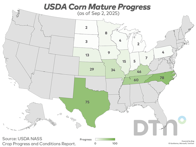 USDA NASS on Tuesday estimated U.S. corn mature as of Sunday, Aug. 31, at 15%, 3 points behind last year's 18% but 1 point ahead of the five-year average of 14%. (DTN graphic by Kathy Myers)