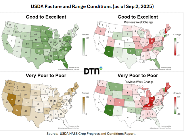 NASS data shows drier pasture and range conditions in the central and eastern parts of the U.S. (DTN graphics by Kathy Myers)