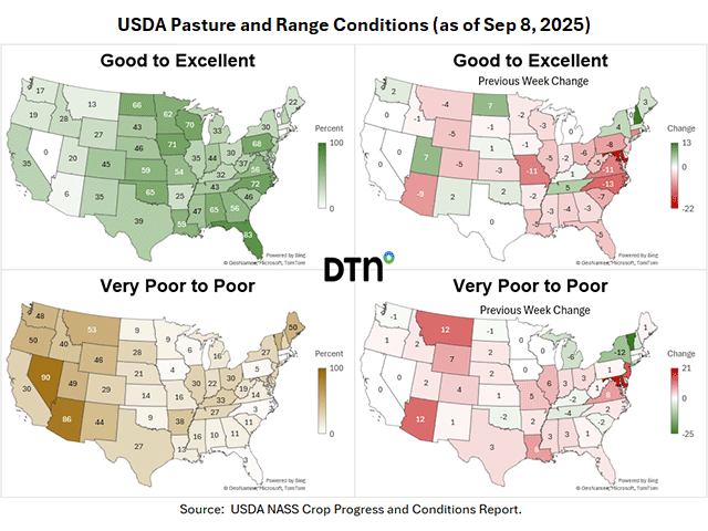 Dry weather is seen across much of the country, affecting pasture conditions in beef cow-calf states. (DTN graphics by Kathy Myers)
