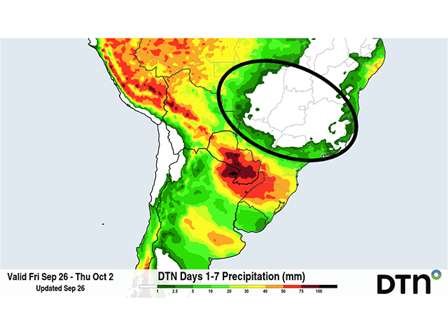 Dry conditions forecast for central Brazil (circled) are a concern for soybean producers. (DTN graphic)