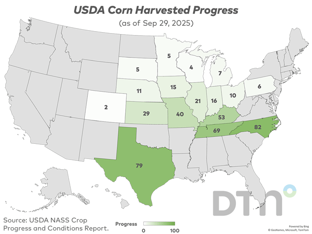 The U.S. corn harvest progressed 7 percentage points last week to reach 18% complete as of Sunday, 2 points behind last year's 20% and 1 point behind the five-year average of 19%. (DTN graphic by Kathy Myers)