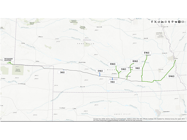 The Tallgrass carbon dioxide pipeline will connect 10 ethanol plants in Nebraska and one in Council Bluffs, Iowa, with a deep, underground storage area in eastern Wyoming. It uses about 392 miles of a former natural gas pipeline, the Trailblazer, that has been converted and about a like number of miles of connector pipelines to ethanol plants. (Map by Tallgrass Energy, courtesy of the Nebraska Examiner)