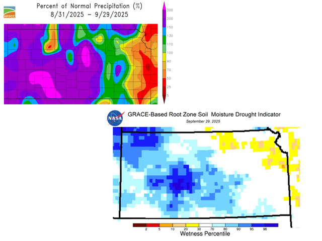 Rainfall totaling 200% to 300% of normal covered most of central and western Kansas in September. Resulting root zone soil moisture is abundant for early growth of winter wheat. (High Plains Regional Climate Center and NASA GRACE soil moisture project graphics)