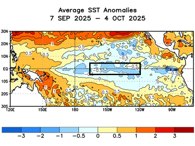 A pocket of cold water has developed for the middle of the Pacific Ocean. The black box indicates that the classification to a La Nina may be coming soon. (DTN graphic)