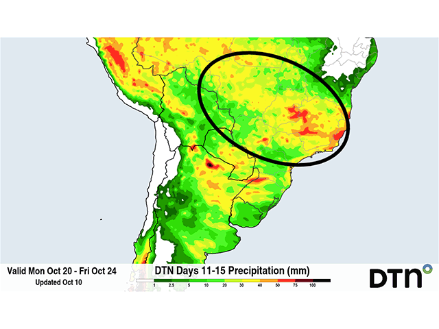 Scattered showers should make for more consistent rainfall across central Brazil over the next week (circled). (DTN graphic)