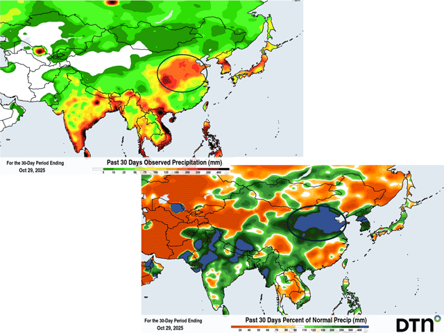 The North China Plain had record-breaking rain during October of 5.56 inches, leading to flooding and disruptions in wheat seeding and fall harvest. Rainfall was 750% above normal. (DTN graphics)