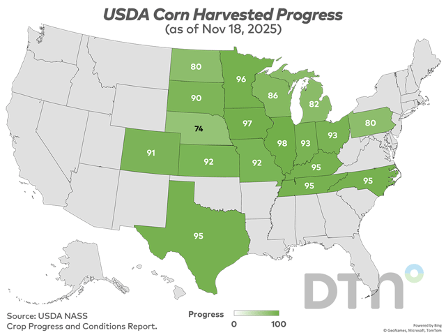 The U.S. corn harvest is slightly behind at 91% complete, which is 7 percentage points behind last year's 98% and 3 percentage points behind the five-year average of 94%. (DTN graphic by Kathy Myers)