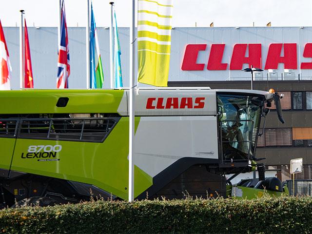 Claas's Harsewinkel, Germany, factory will help provide Lexion combines for Canadian dealers, marking a tariff-influenced shift after that market has traditionally been supplied out of the Claas factory in Omaha, Nebraska. (DTN/Progressive Farmer photo by Joel Reichenberger)