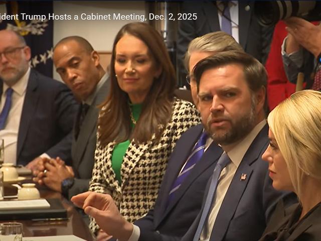 Secretary of Agriculture Brooke Rollins looks over as Vice President JD Vance speaks during a Cabinet meeting on Tuesday. Rollins said a farmer aid package would be announced next week. The secretary also threatened to withhold funds from states that have not turned over data on food-stamp recipients to the Trump administration. (Screenshot from White House livestream)
