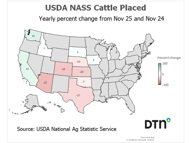 This chart shows the percentage change in cattle placements by state from November 2024 to November 2025 based on USDA NASS data. (DTN chart by Kathy Myers)