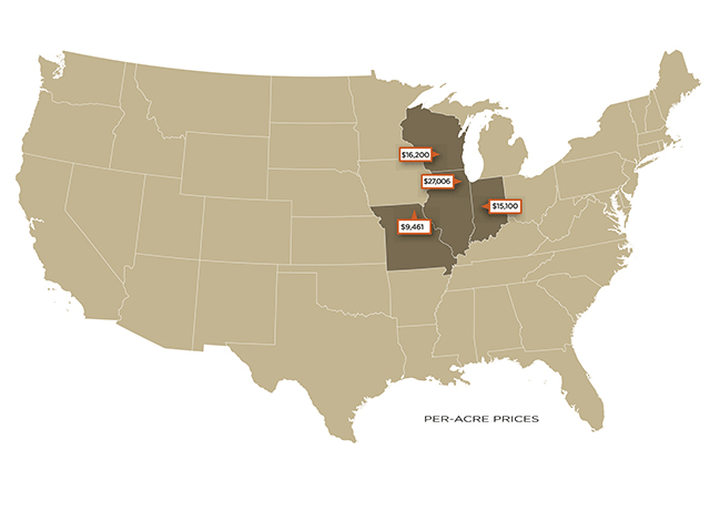 Per-acre prices of recent farmland sales. (DTN graphic)