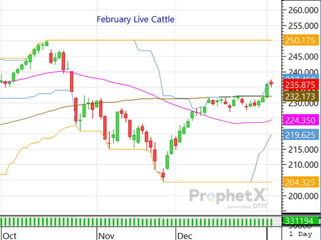 Last Friday the spot February live cattle contract traded above the market's 100-day moving average for the first time in more than two months. (DTN ProphetX chart)