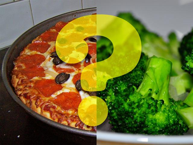 Four ounces of a frozen pizza will contain many more calories than four ounces of broccoli. You're more likely to eat too much pizza than too much broccoli. Will the new government dietary guidelines warn against excessive consumption of frozen pizza as an ultra-processed food? (Image by Nick Scalise; pizza photo by BarelyFitz, broccoli photo by whologwhy, CC BY-SA 2.0)