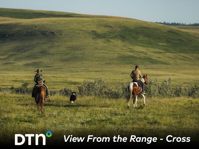 Brothers Malcolm Cross, left, and Austin Cross, right, with their dog, Newt, ride out in a pasture on their Claresholm, Alberta, ranch. (Photo courtesy of Certified Angus Beef)