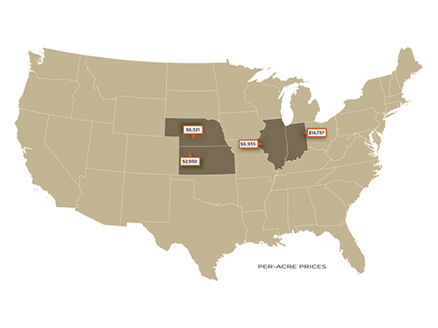 Per-acre prices of recent farmland sales. (DTN graphic)