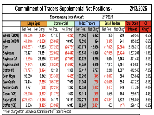 This table shows the large spec positions. (Table by Gulke Group)