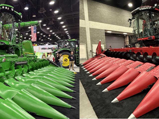 New combines on display this week at the National Farm Machinery Show in Louisville, Kentucky. Machinery accounts for roughly one-third of farm expenses and may be one area to cut costs, though used equipment and repairs could also slow down both planting and harvest. (DTN photos by Katie Dehlinger)