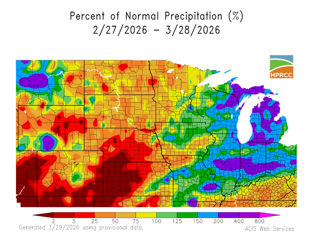 Central U.S. precipitation in March had an extreme range: From 98% below normal in the southwestern Plains to twice the normal amount in the eastern Midwest. (High Plains Regional Climate Center graphic)
