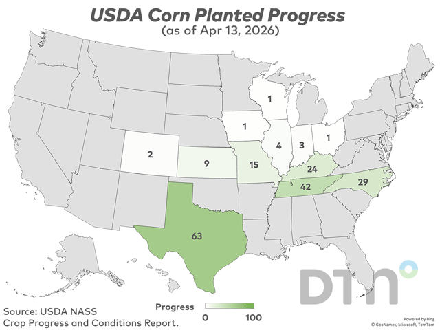 This map shows corn planting progress by state, according to USDA NASS estimates released Monday. (DTN graphic by Kathy Myers)